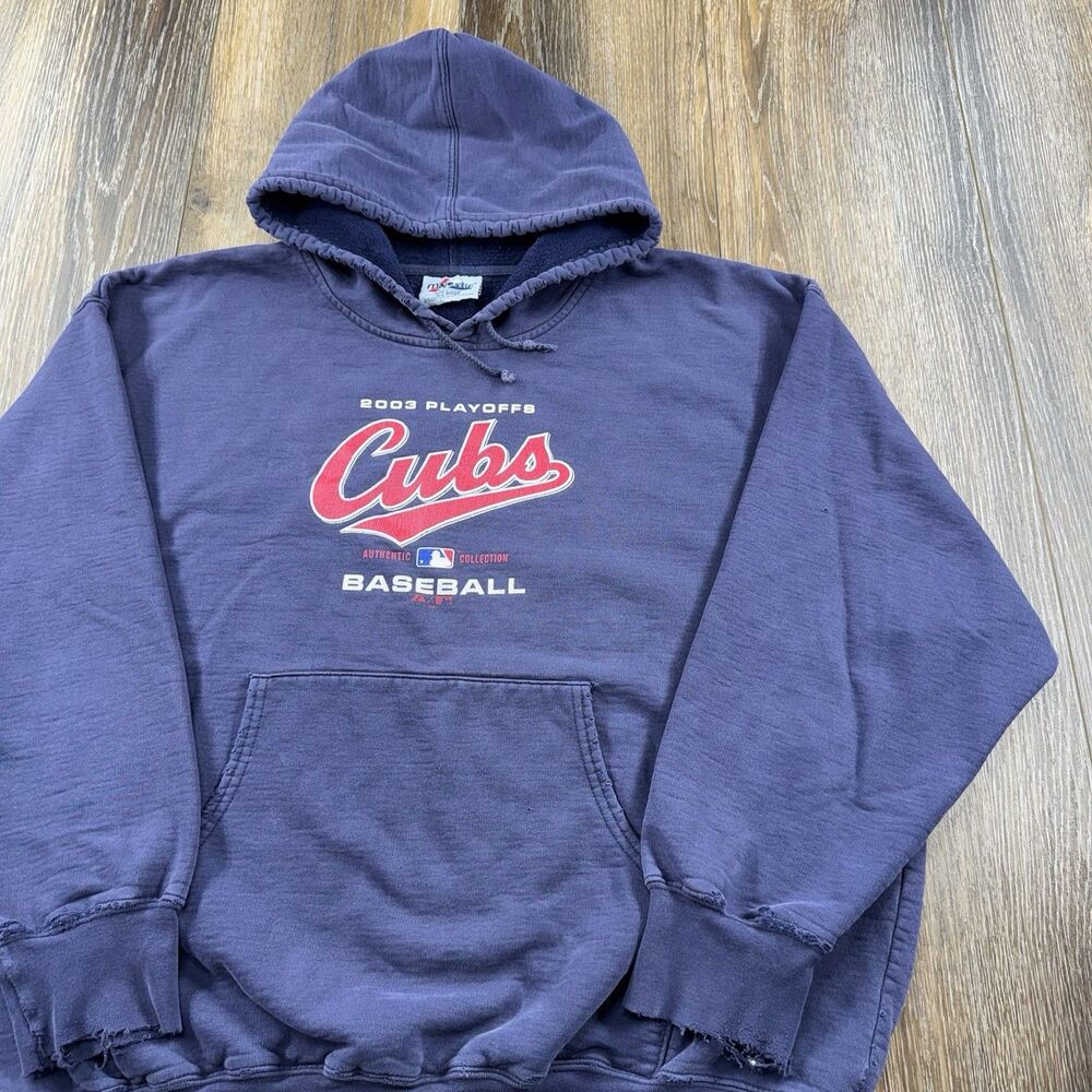 Vintage Chicago Cubs Hoodie Mens XL Blue Distressed Sweatshirt MLB Baseball Y2K